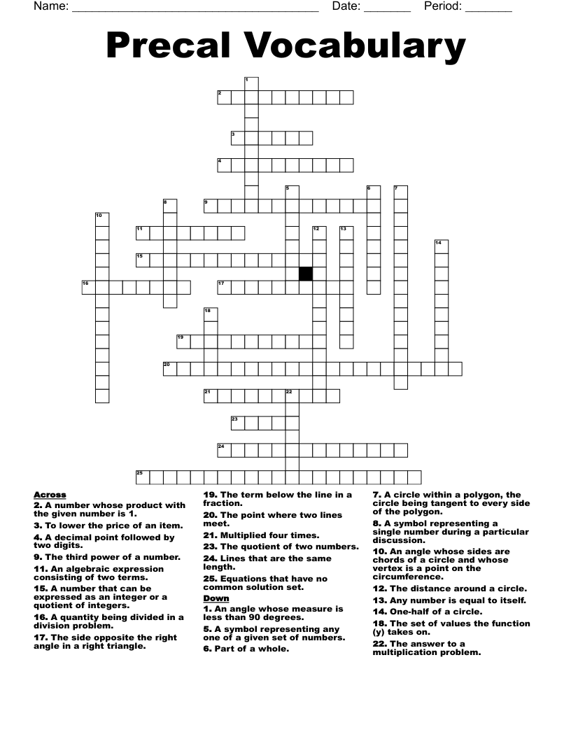 Precal Vocabulary Crossword