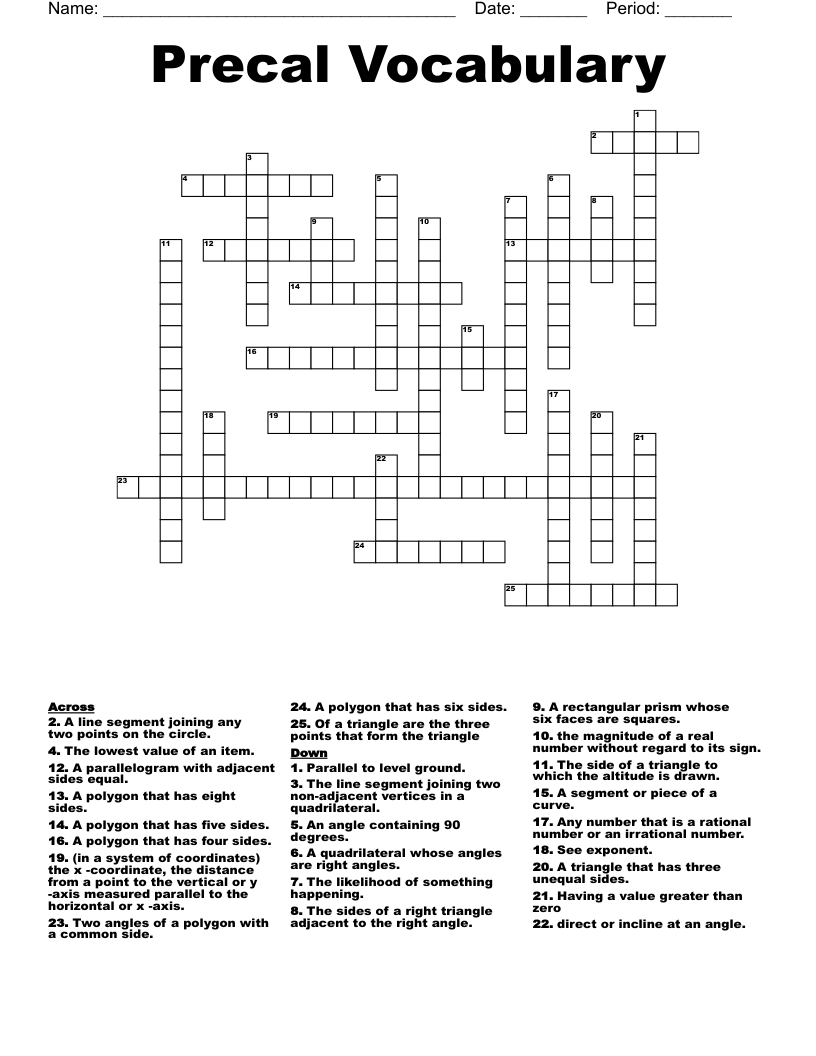 Precal Vocabulary Crossword