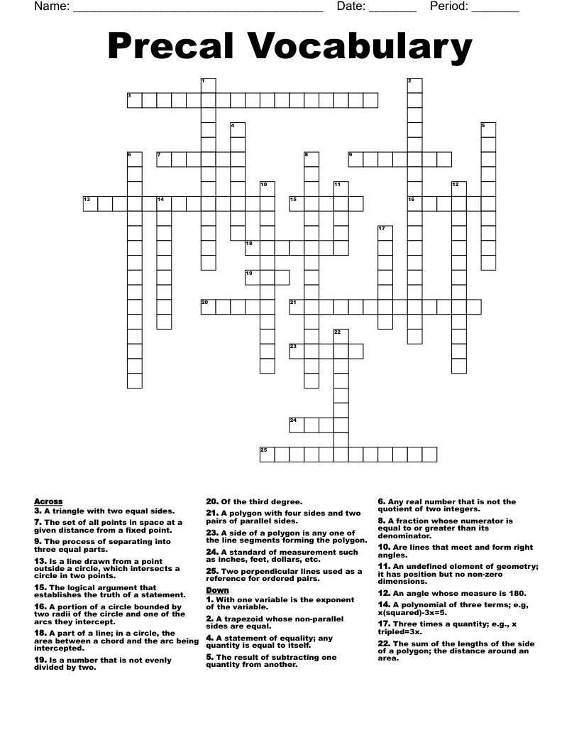 Precal Vocabulary Crossword