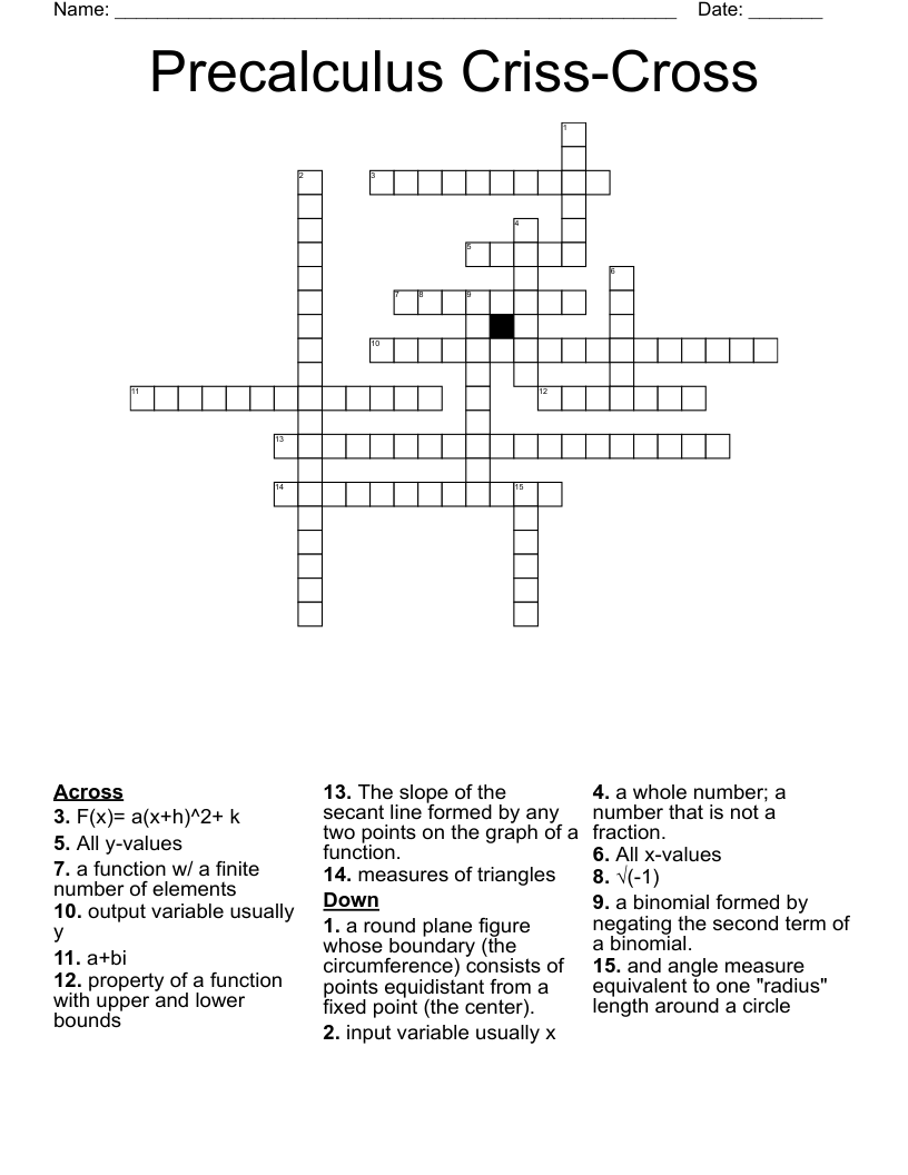Precalculus Criss-Cross Crossword