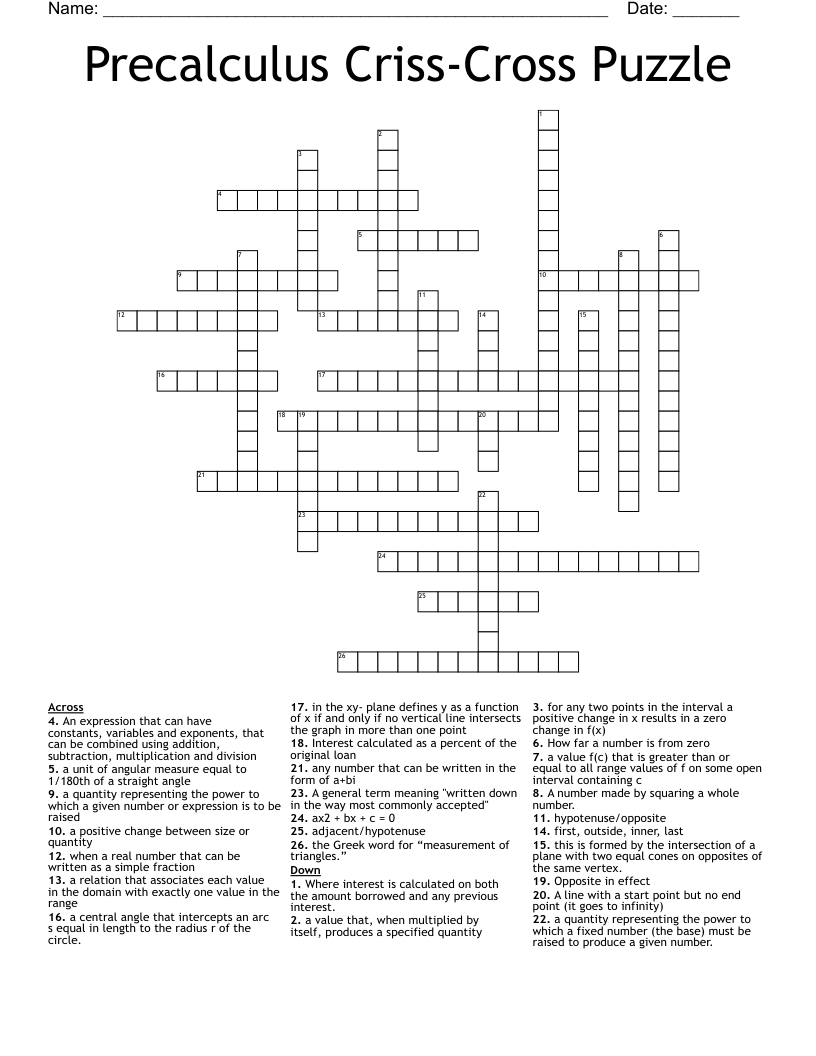Precalculus Criss-Cross Puzzle Crossword