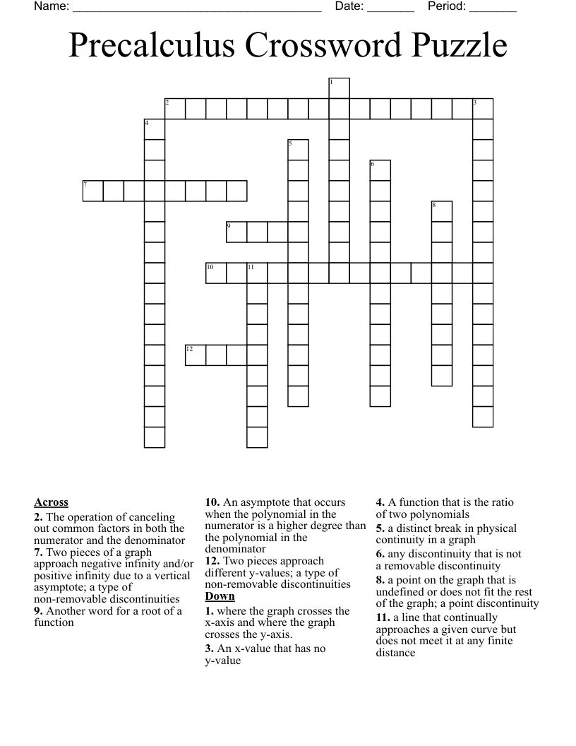 Precalculus Crossword Puzzle