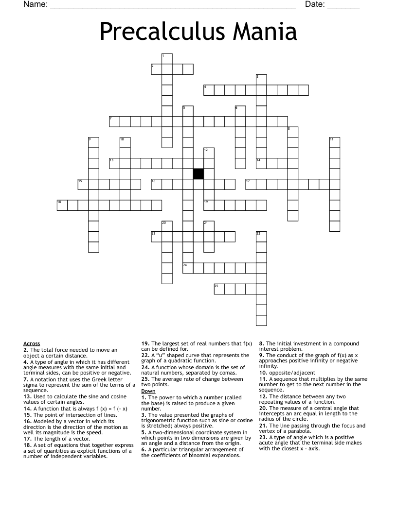 Precalculus Mania  Crossword