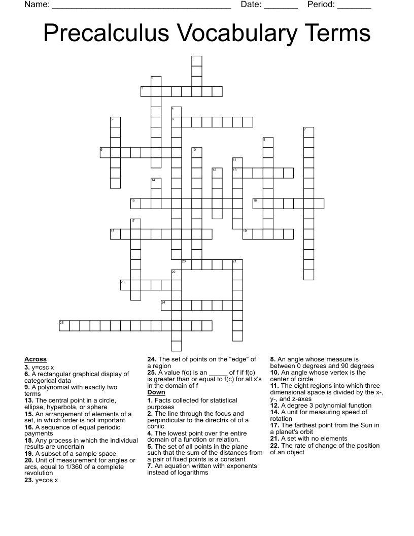 Precalculus Vocabulary Terms Crossword