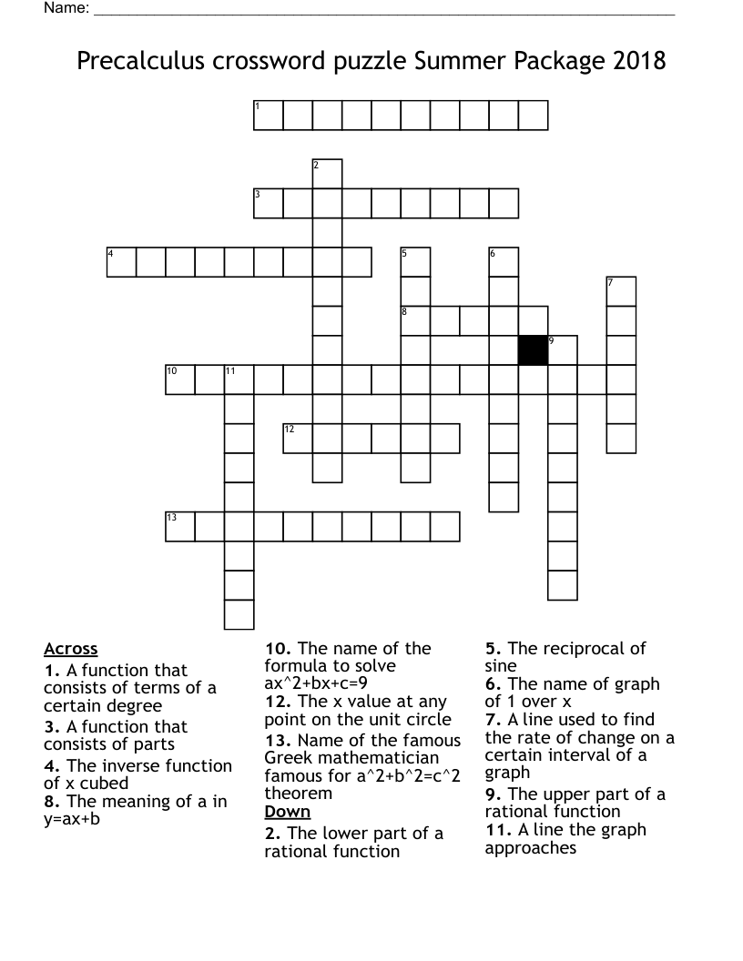 Precalculus crossword puzzle Summer Package 2018