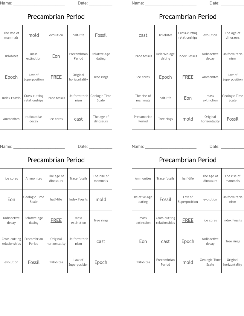 Precambrian Period Bingo Cards