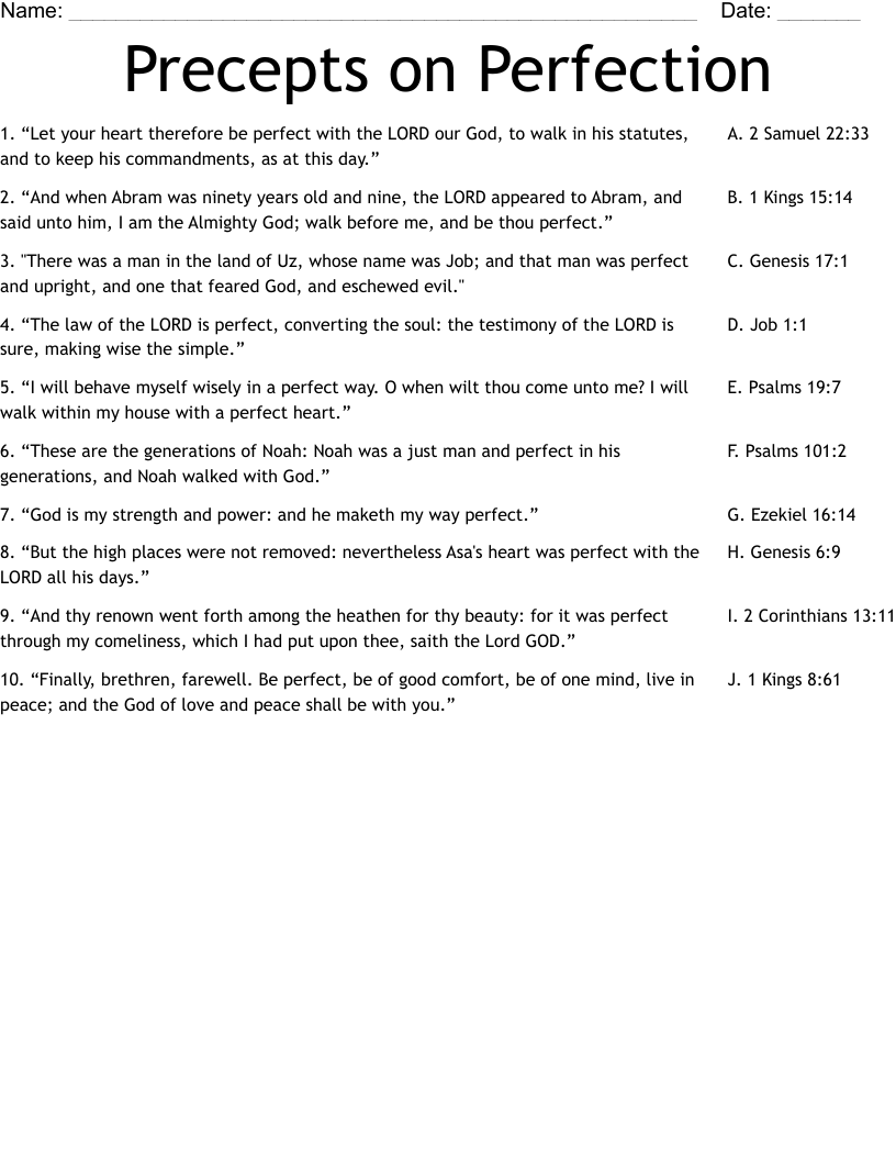 Precepts on Perfection  Worksheet