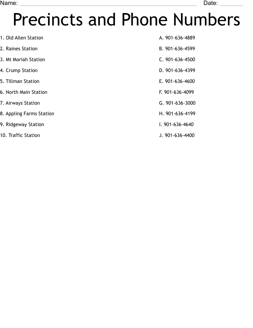 Precincts and Phone Numbers Worksheet