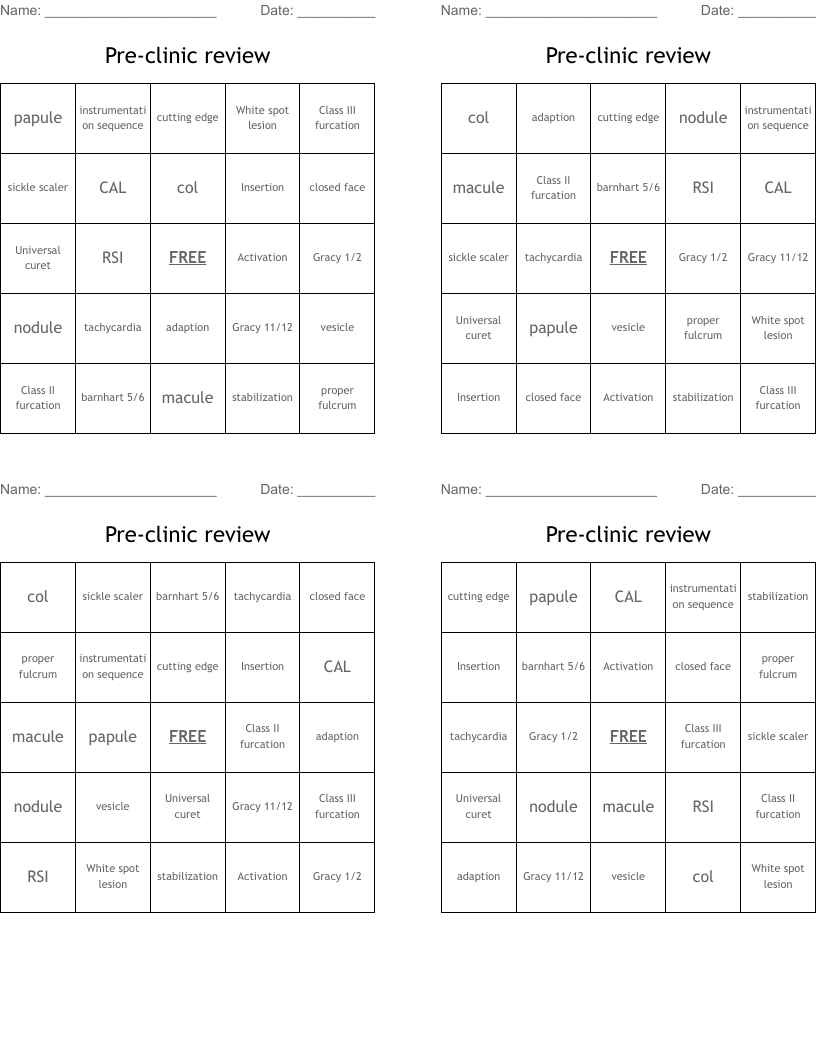 Pre-clinic review Bingo Cards