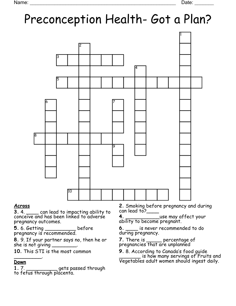 Preconception Health- Got a Plan? Crossword