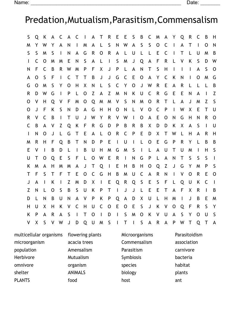 Predation,Mutualism,Parasitism,Commensalism Word Search