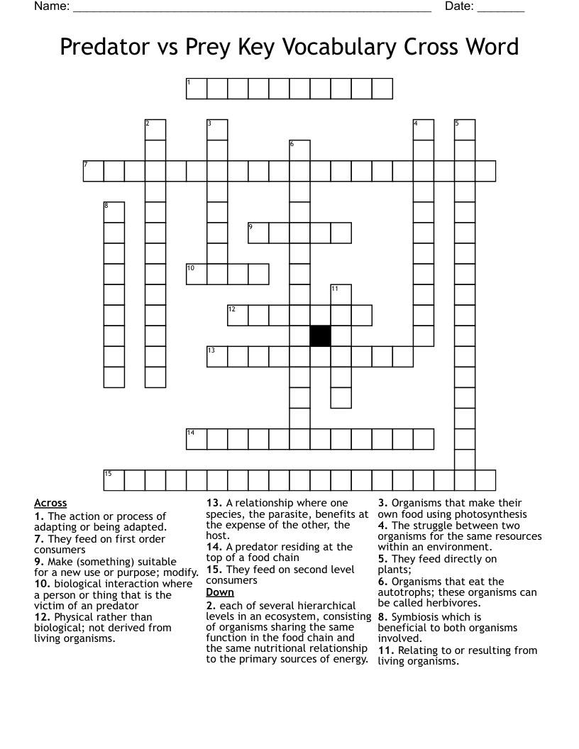 Predator vs Prey Key Vocabulary Cross Word