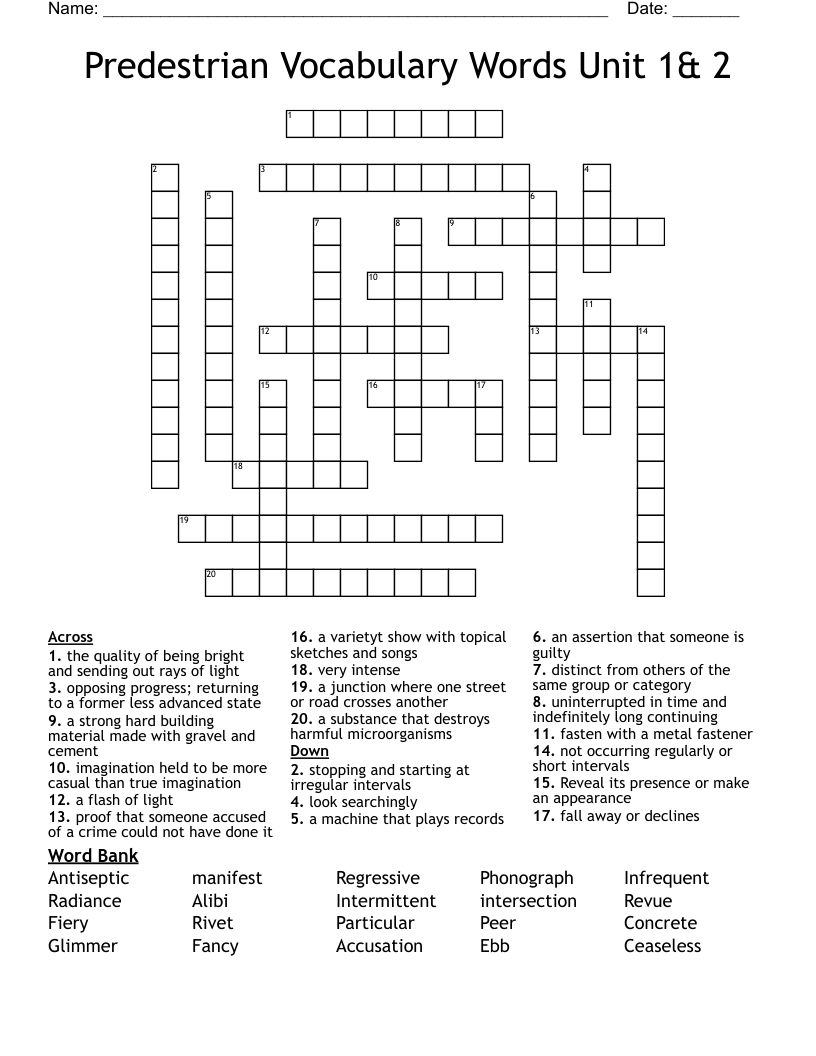 Predestrian Vocabulary Words Unit 1& 2 Crossword