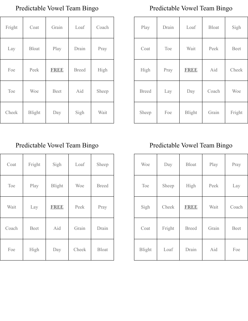 Predictable Vowel Team Bingo