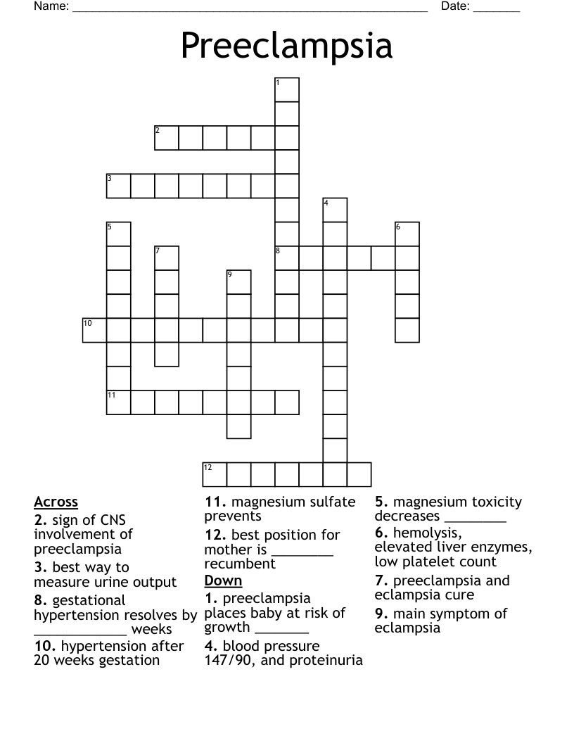 Preeclampsia Crossword