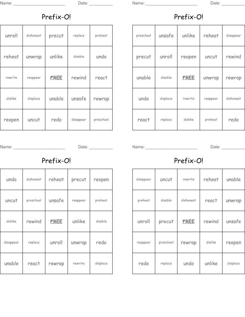Prefix-O! Bingo Cards