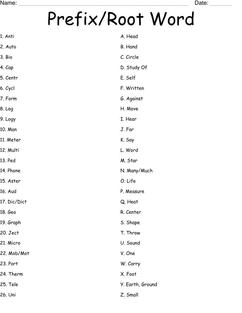 Prefix/Root Word Worksheet