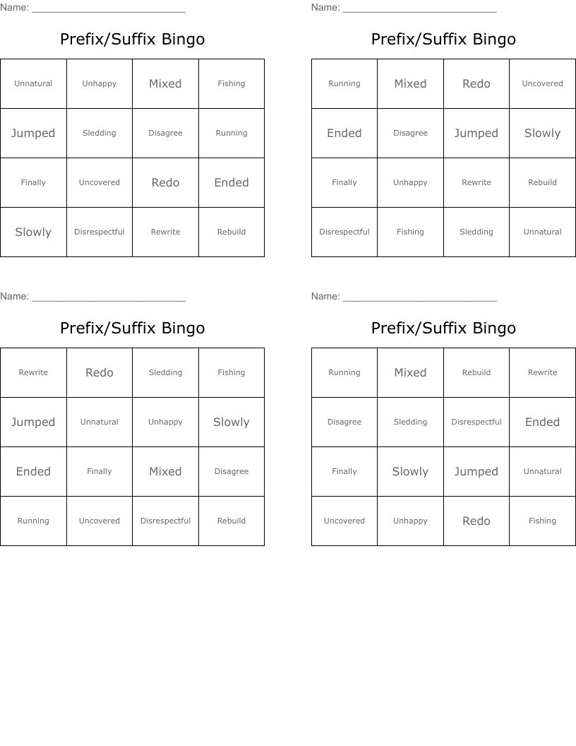 Prefix/Suffix Bingo