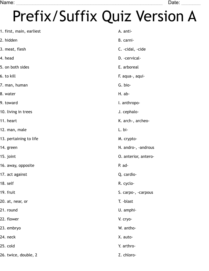 Prefix/Suffix Quiz Version A Worksheet