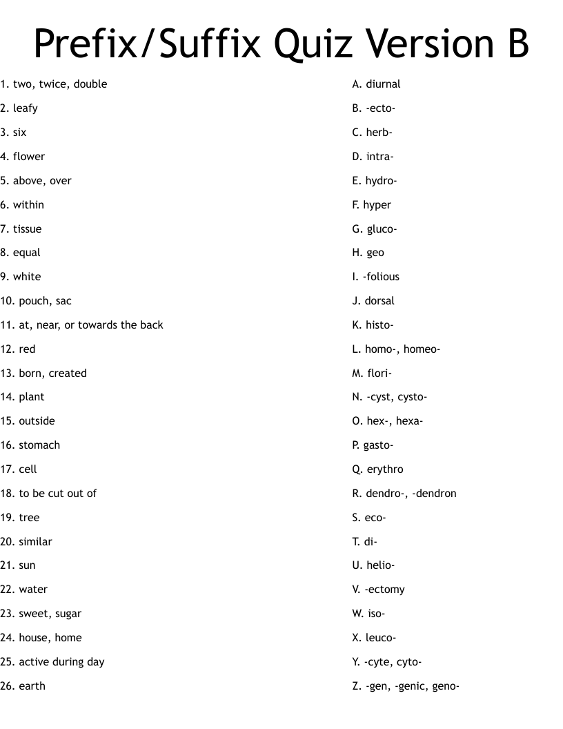 Prefix/Suffix Quiz Version B Worksheet