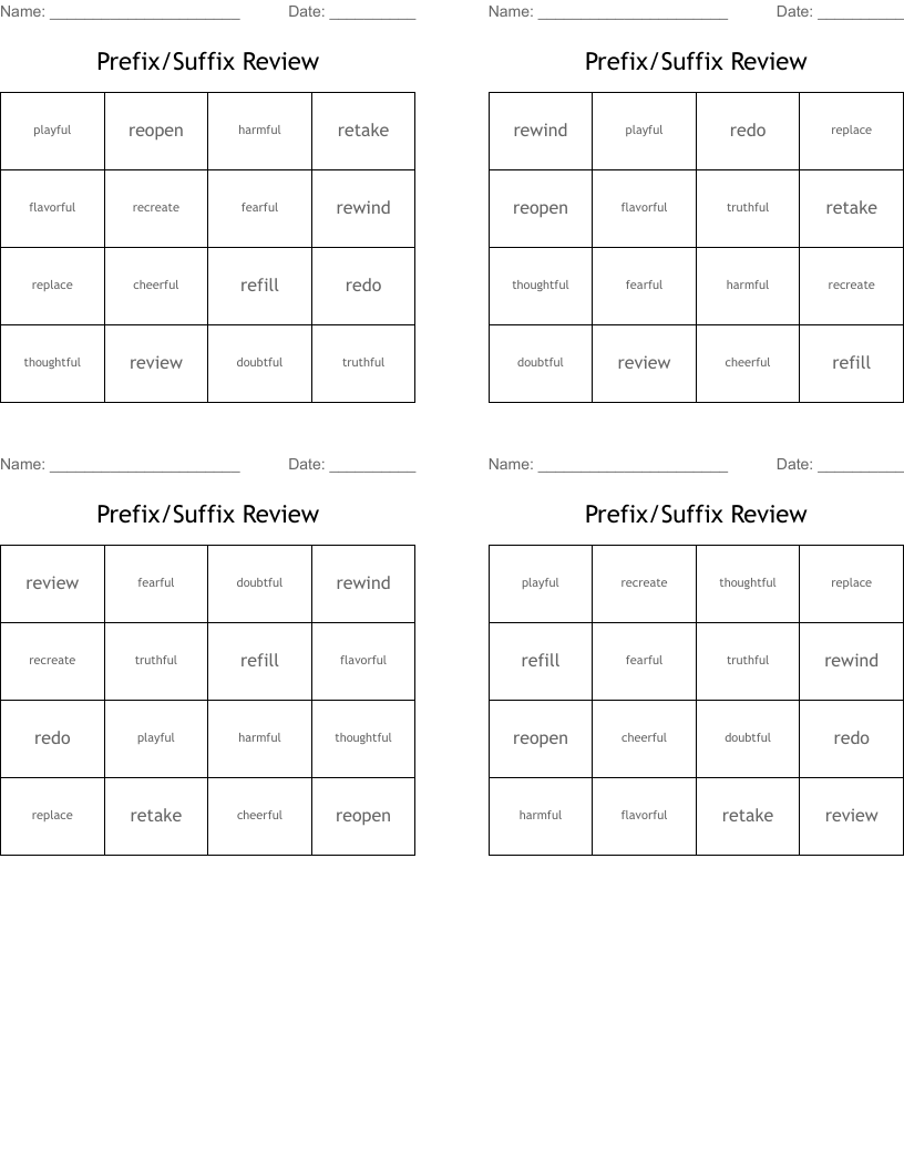 Prefix/Suffix Review Bingo Cards