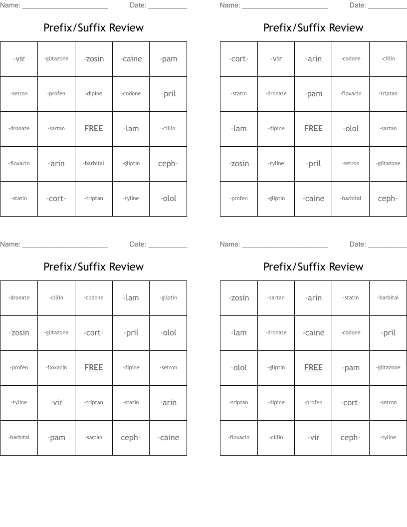 Prefix/Suffix Review Bingo Cards