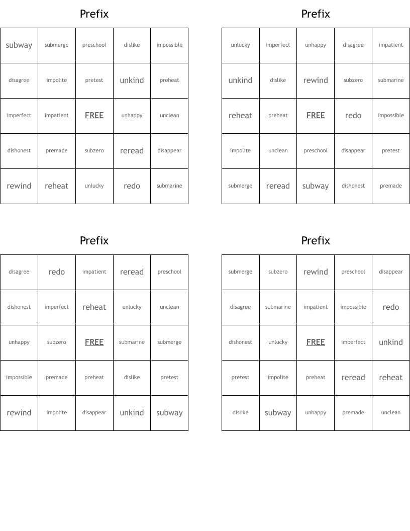 Prefix Bingo Cards