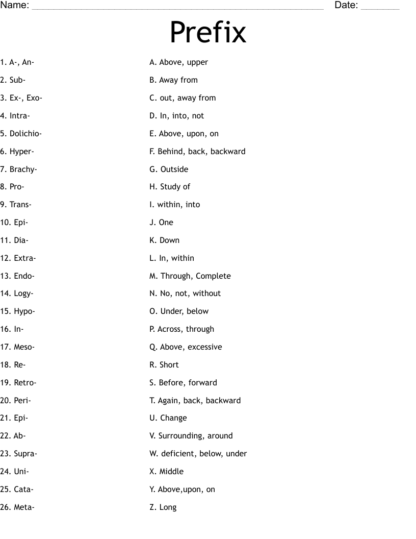 Prefix Worksheet