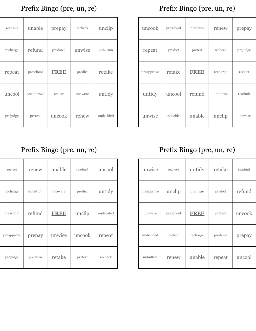 Prefix Bingo (pre, un, re)