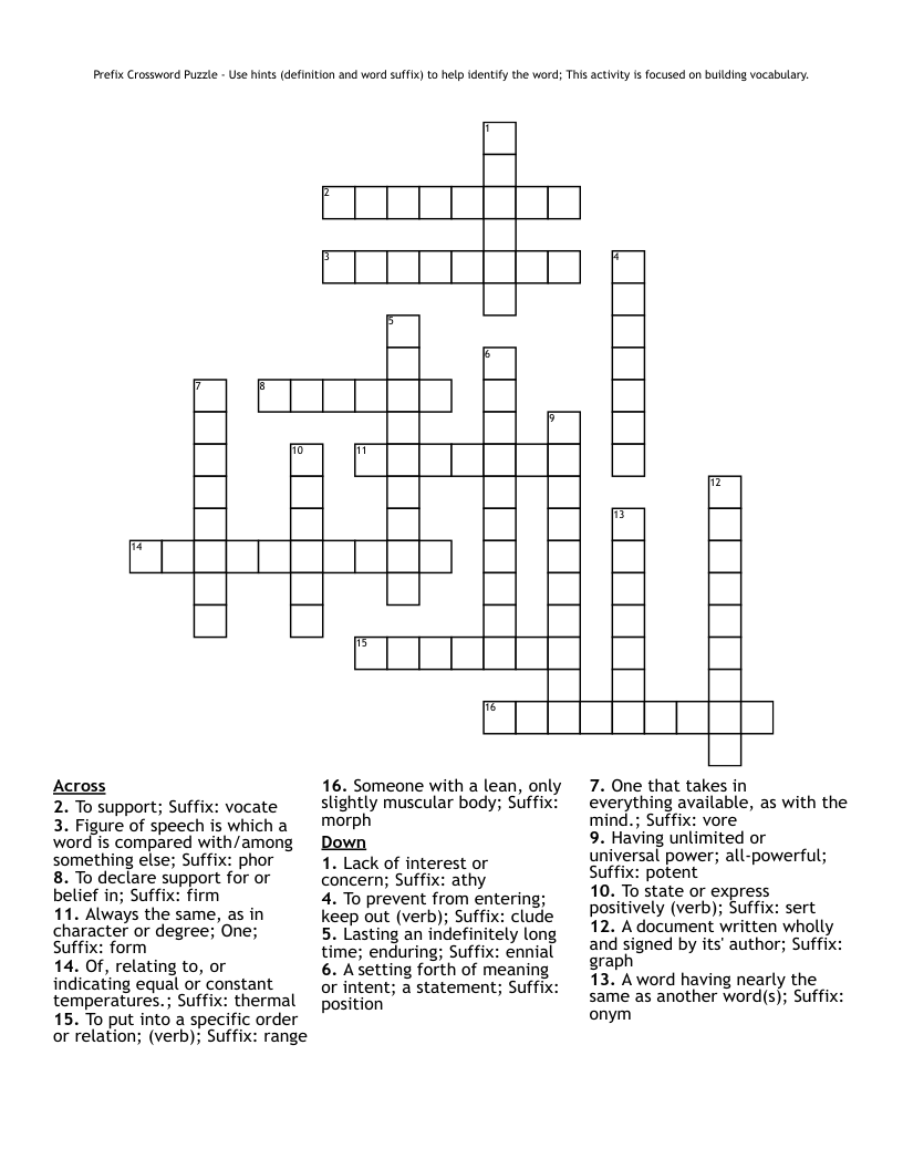 Prefix Crossword Puzzle - Use hints (definition and word suffix) to help identify the word; This activity is focused on building vocabulary.
