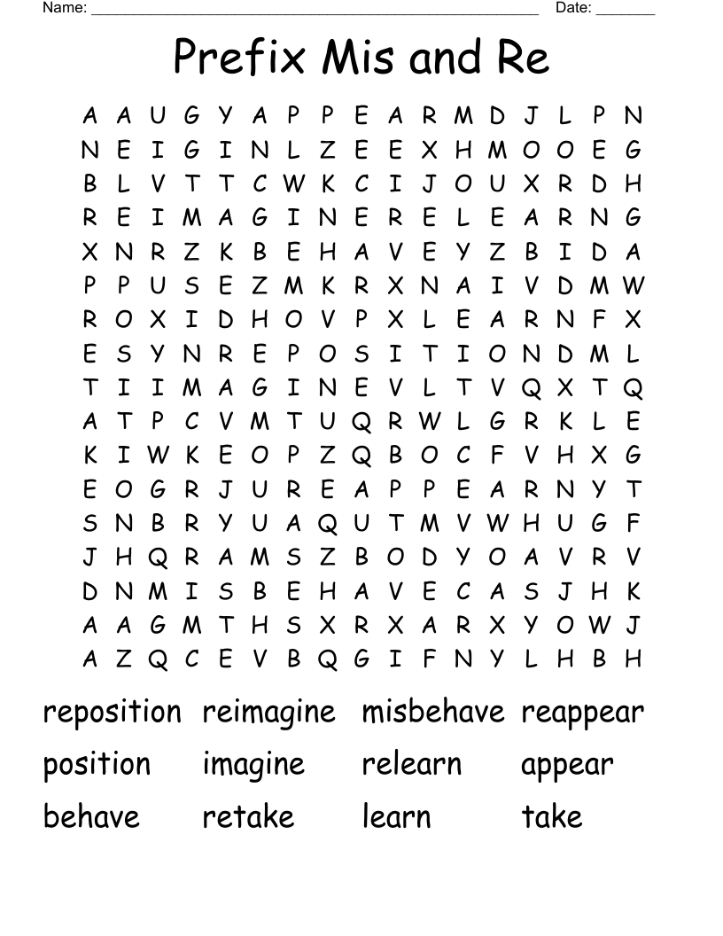 Prefix Mis and Re Word Search