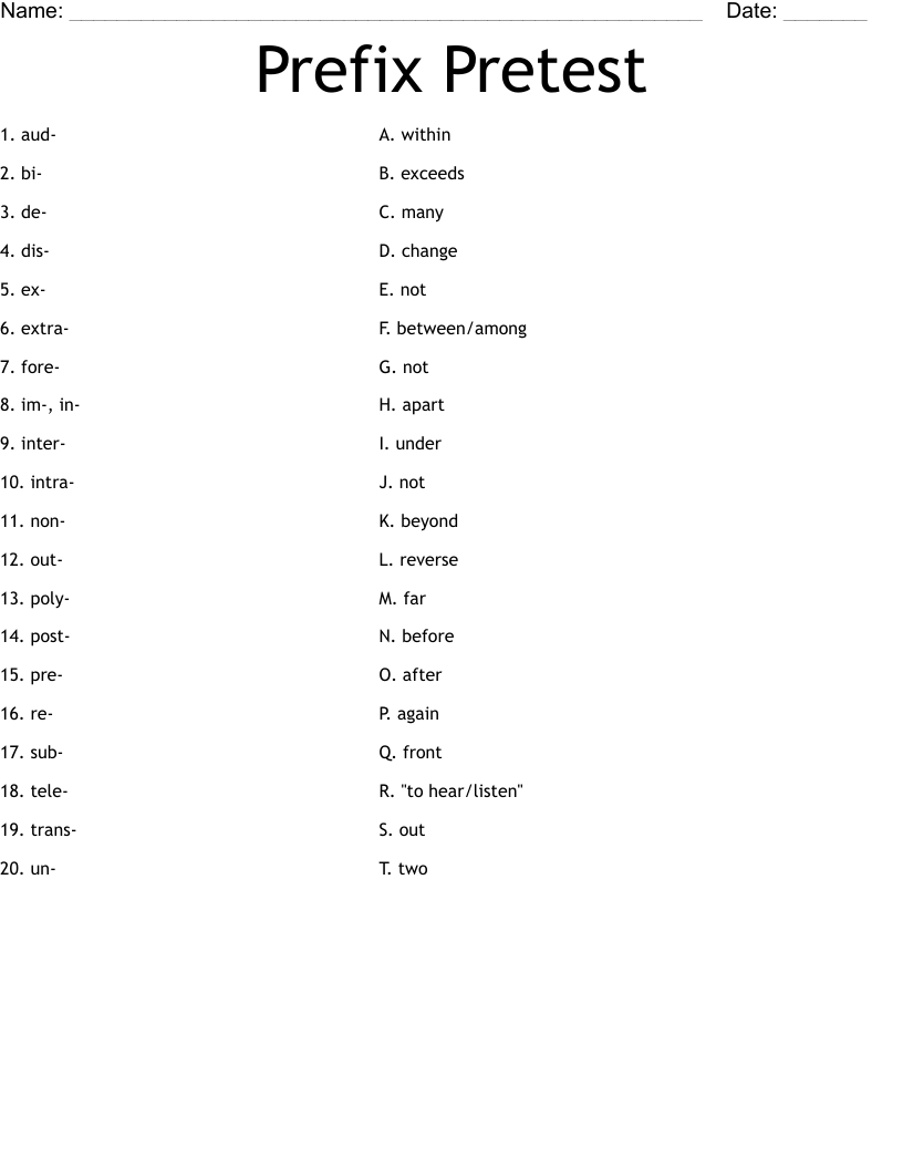 Prefix Pretest Worksheet