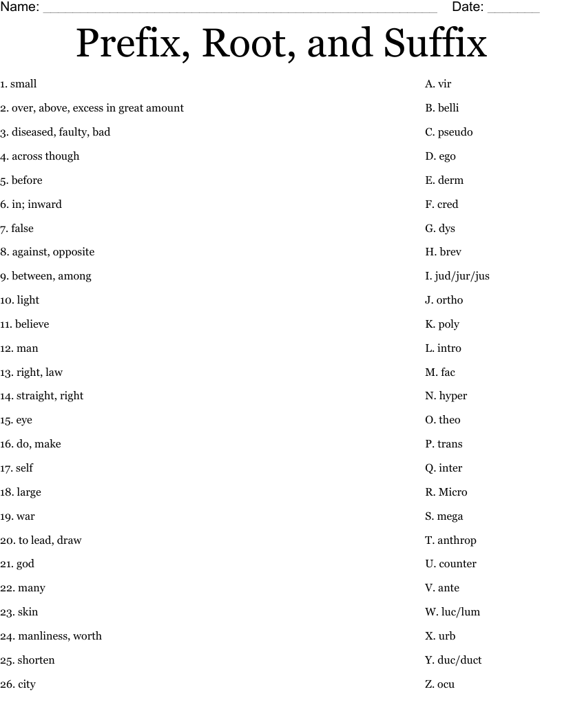 Prefix, Root, and Suffix Worksheet
