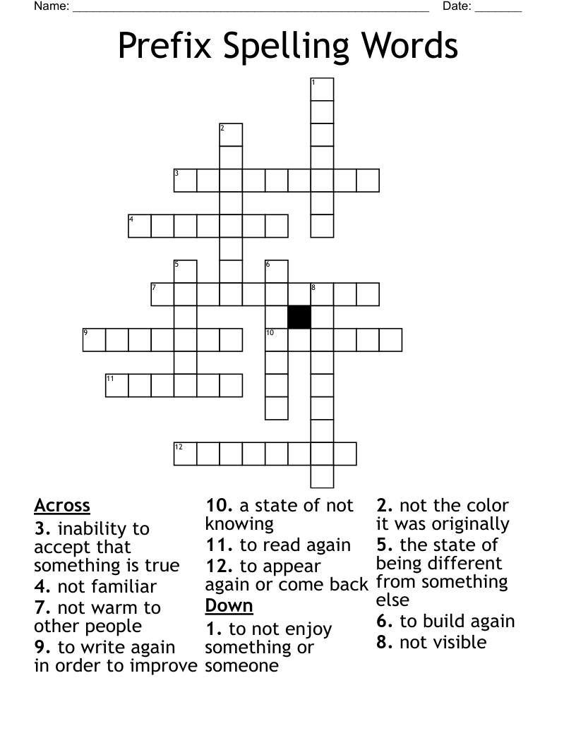 Prefix Spelling Words Crossword