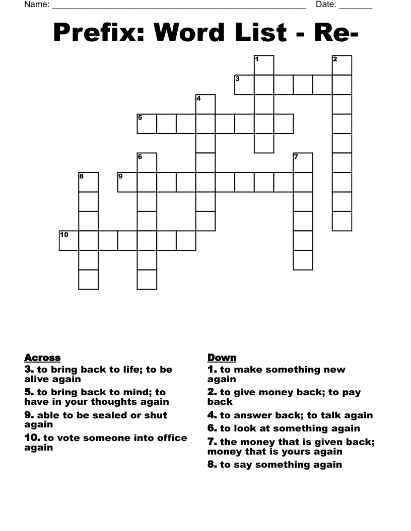 Prefix: Word List - Re- Crossword