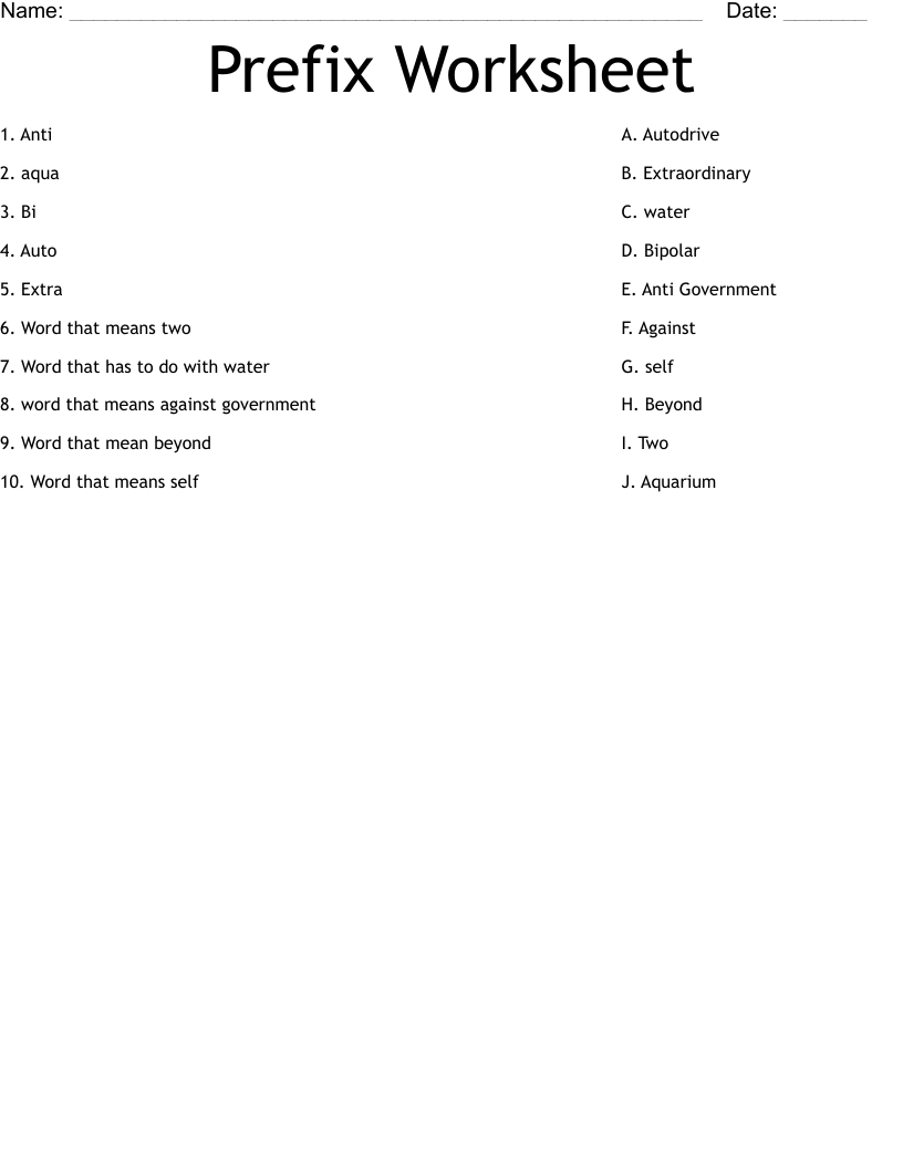 Prefix Worksheet