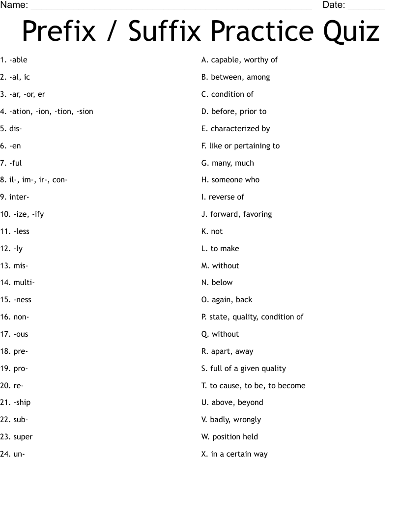 Prefix / Suffix Practice Quiz Worksheet
