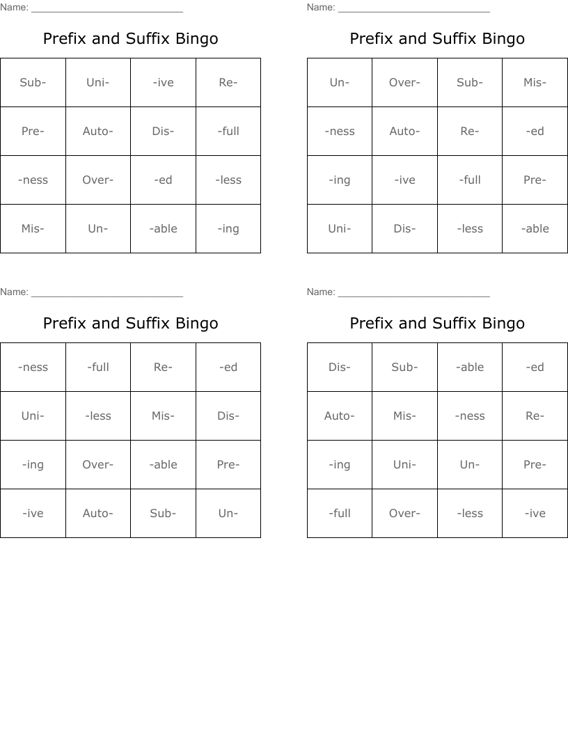 Prefix and Suffix Bingo