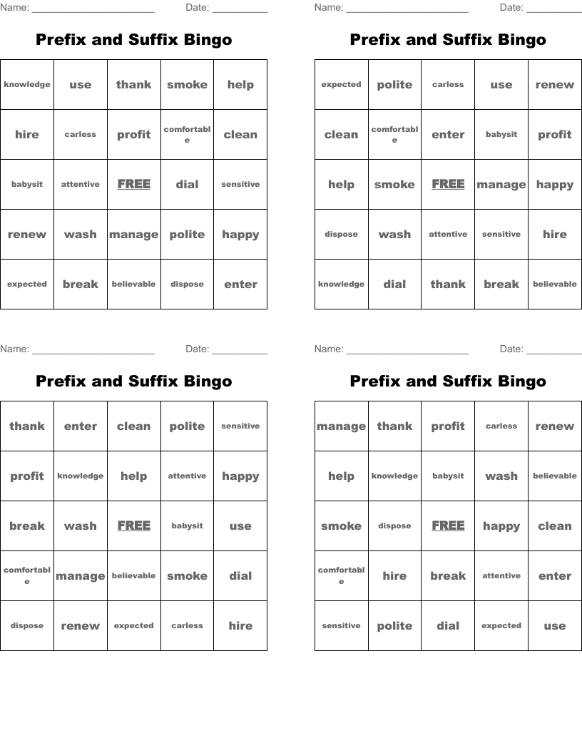 Prefix and Suffix Bingo