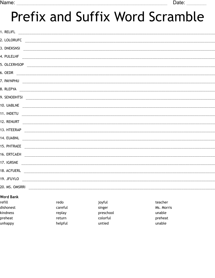 Prefix and Suffix Word Scramble