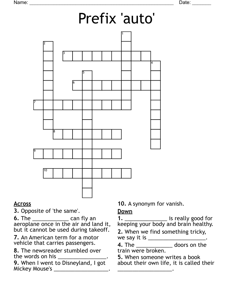Prefix 'auto' Crossword