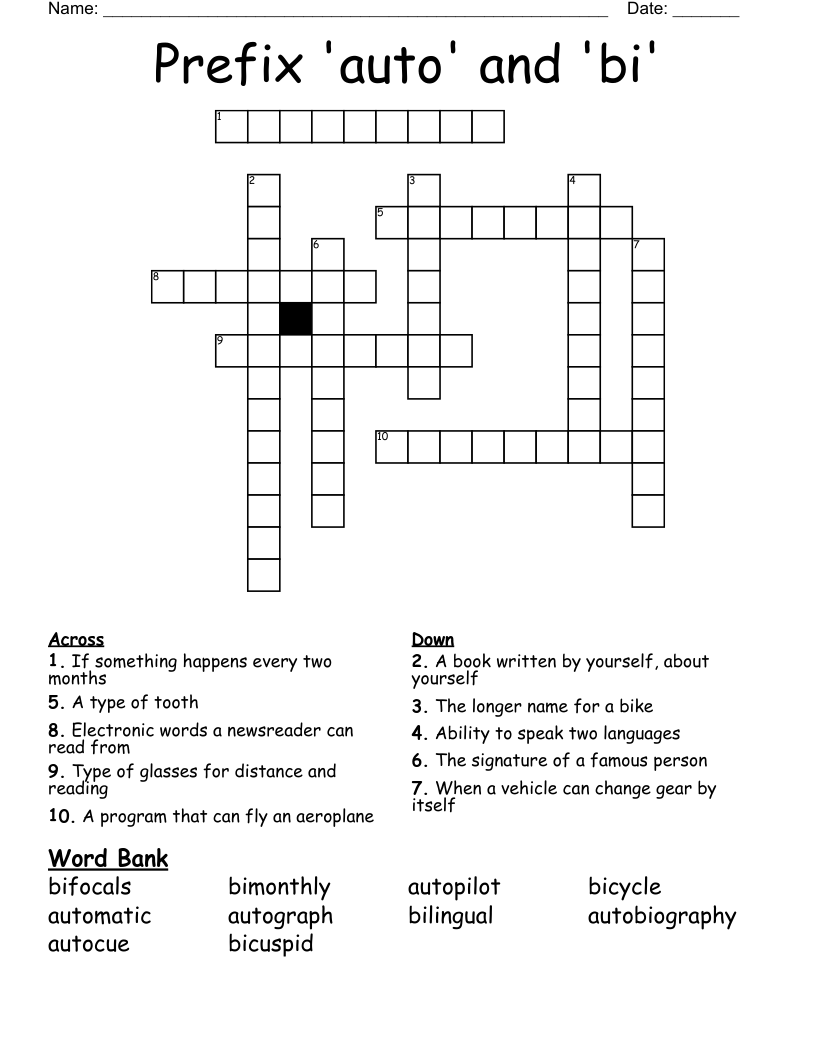Prefix 'auto' and 'bi' Crossword
