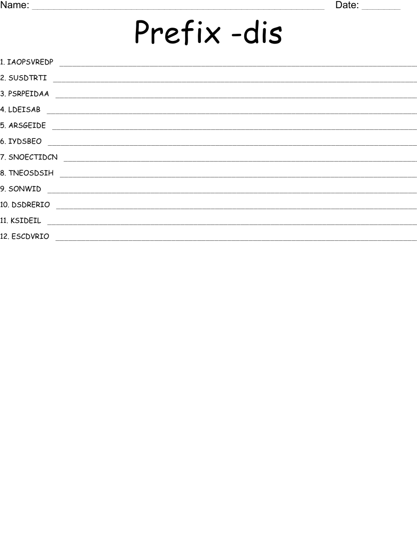 Prefix -dis Word Scramble