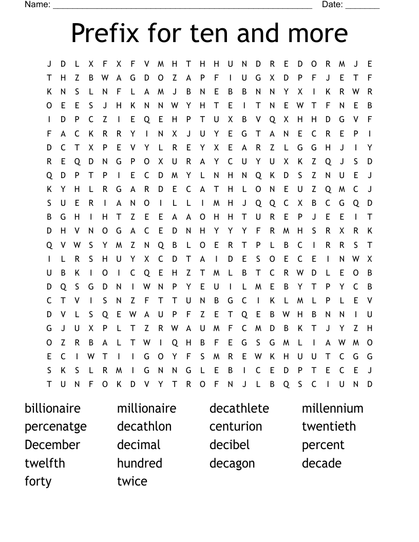 Prefix for ten and more Word Search