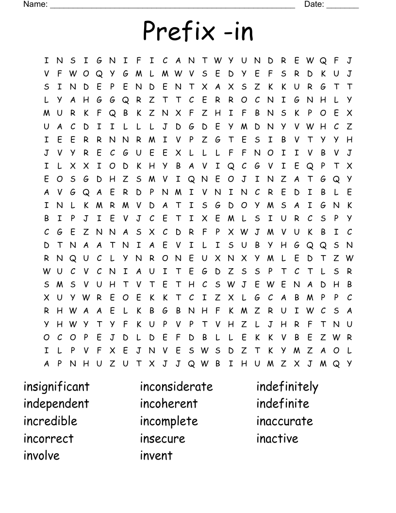 Prefix -in Word Search