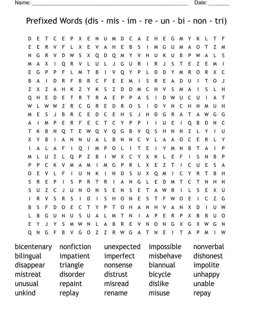 Prefixed Words (dis - mis - im - re - un - bi - non - tri) Word Search