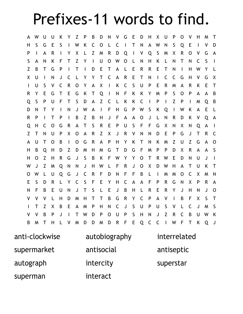 Prefixes-11 words to find. Word Search