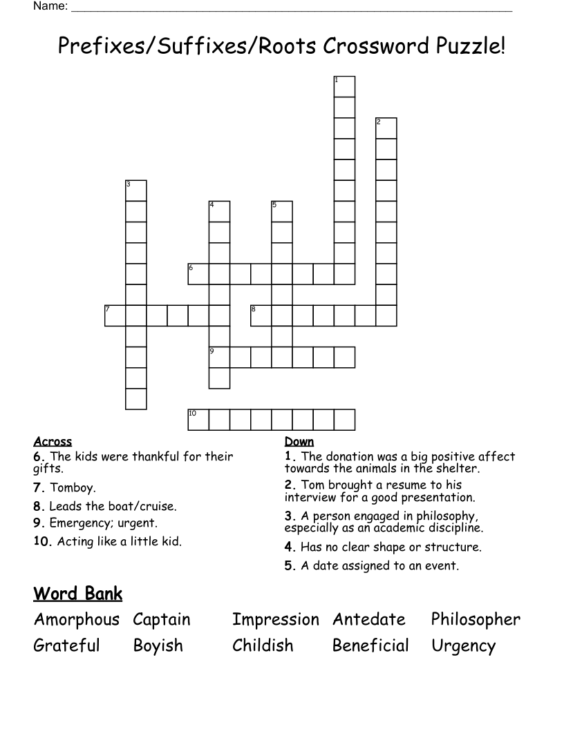 Prefixes/Suffixes/Roots Crossword Puzzle!