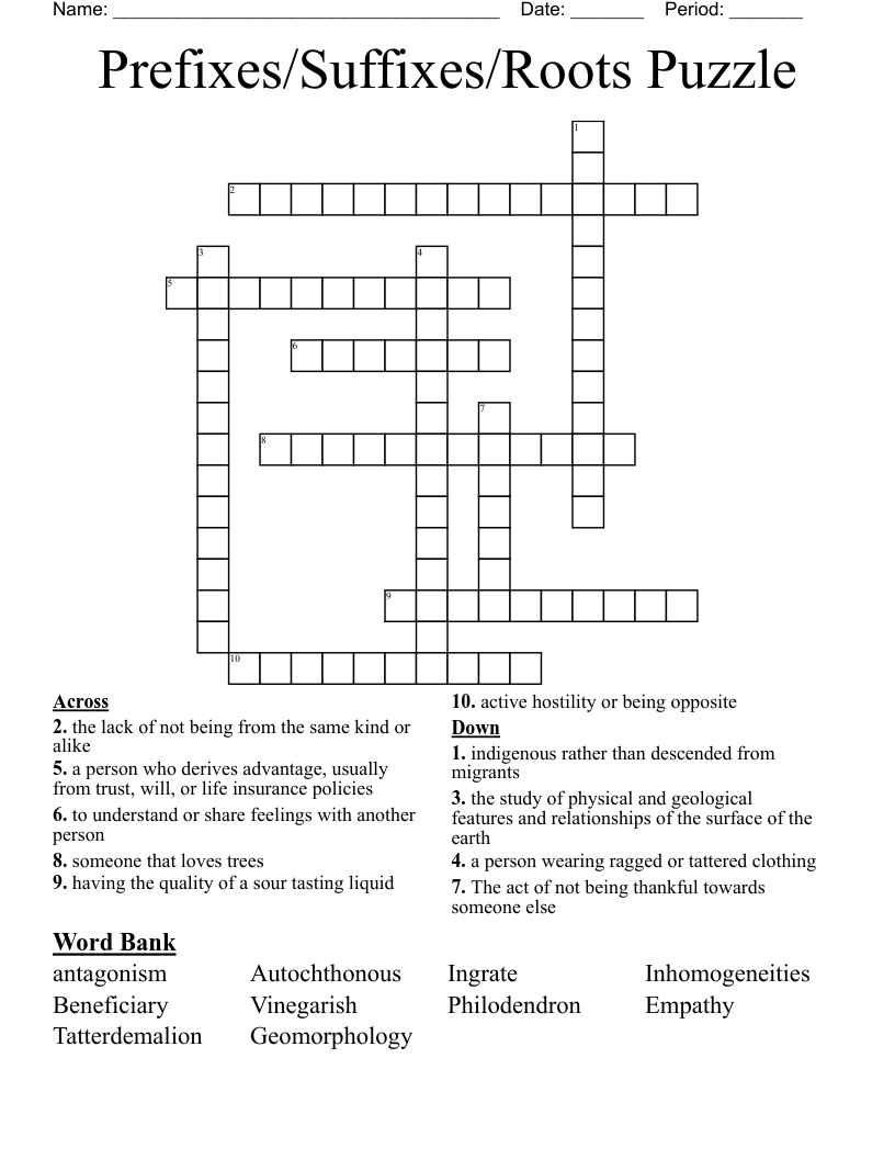 Prefixes/Suffixes/Roots Puzzle Crossword