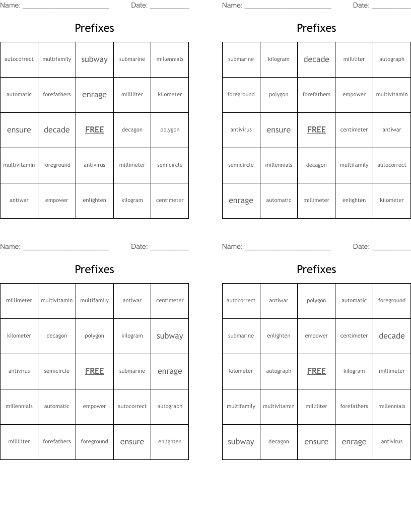 Prefixes Bingo Cards